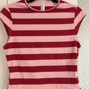 Missguided Pink and Red Striped Short Sleeve Top